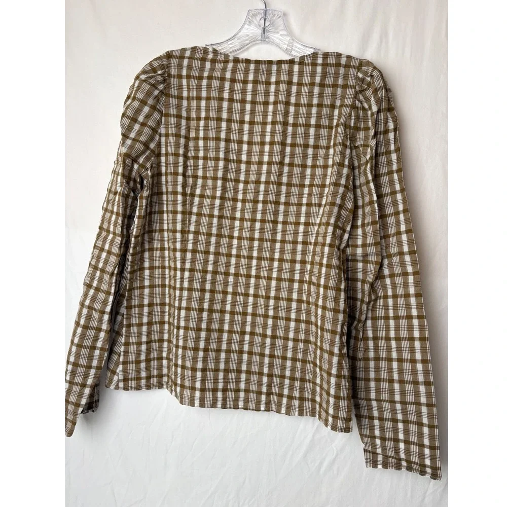 Madewell Plaid Puff Sleeve V Neck Button Front‎ Blouse Top Size 4 Brown White